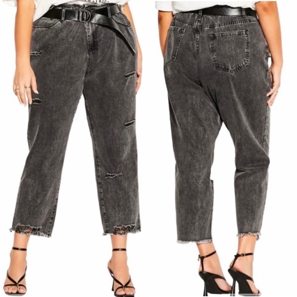 NWT City Chic Belted High Rise Paperbag Straight Leg Distressed Jeans Black